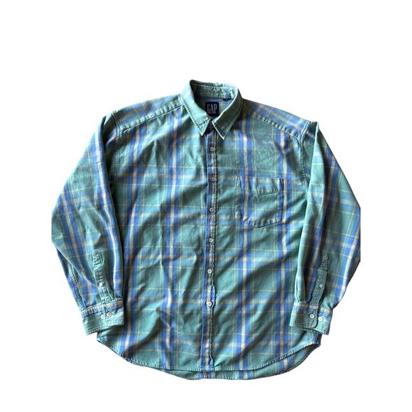 Gap Faded Sea Green Periwinkle Blue Soft Yellow Tattersall Plaid XL Flannel - Picture 1 of 7
